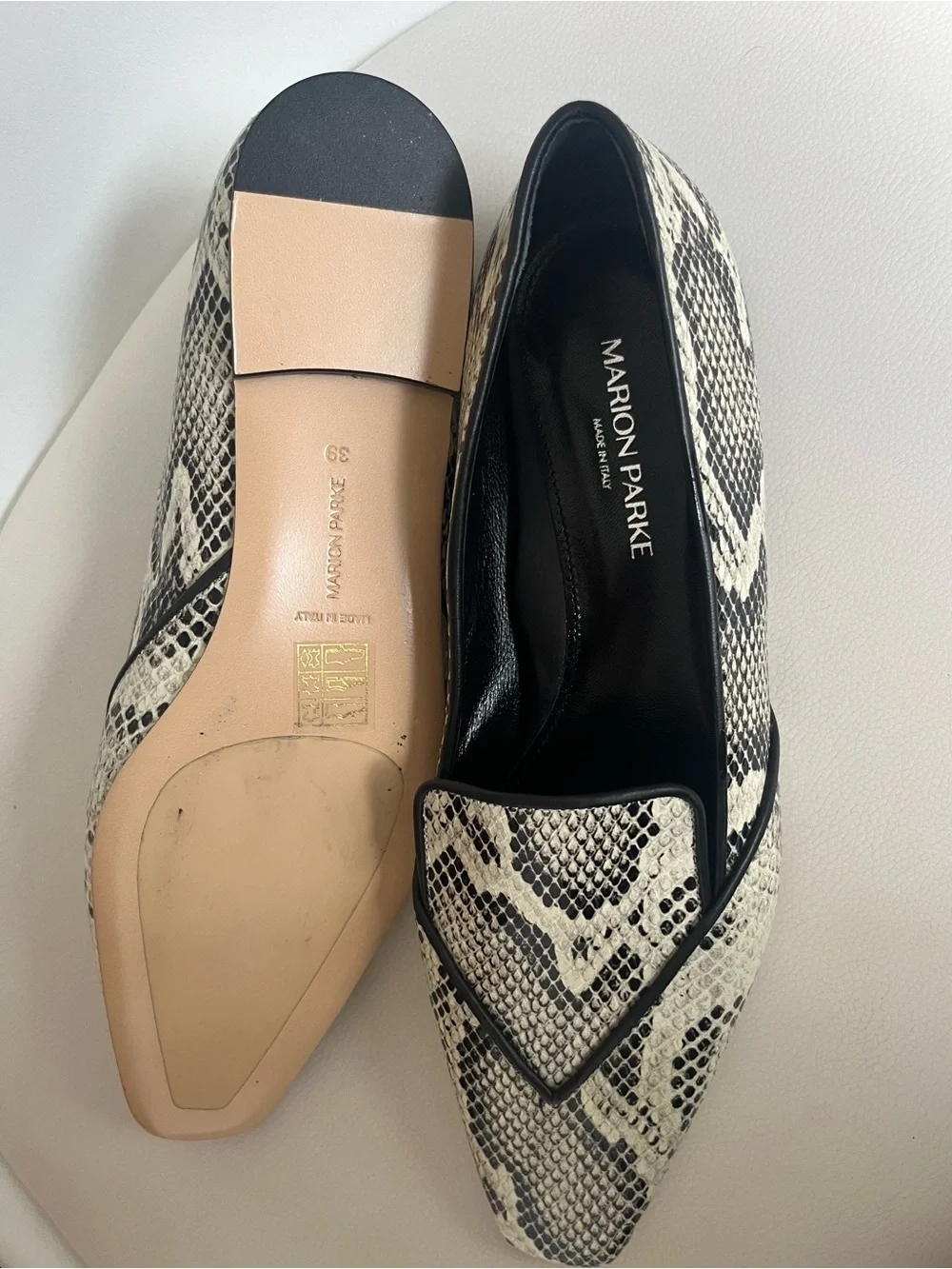 Marion Parke Black & White Snake-Print Pointed Loafers